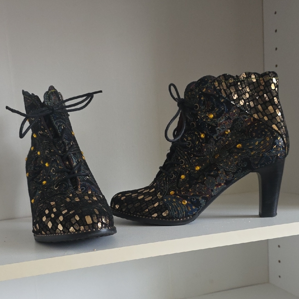 L'ARTISTE Embellished Blue, Gold, And Black Lace-Up Ankle Boots